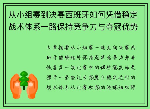 从小组赛到决赛西班牙如何凭借稳定战术体系一路保持竞争力与夺冠优势